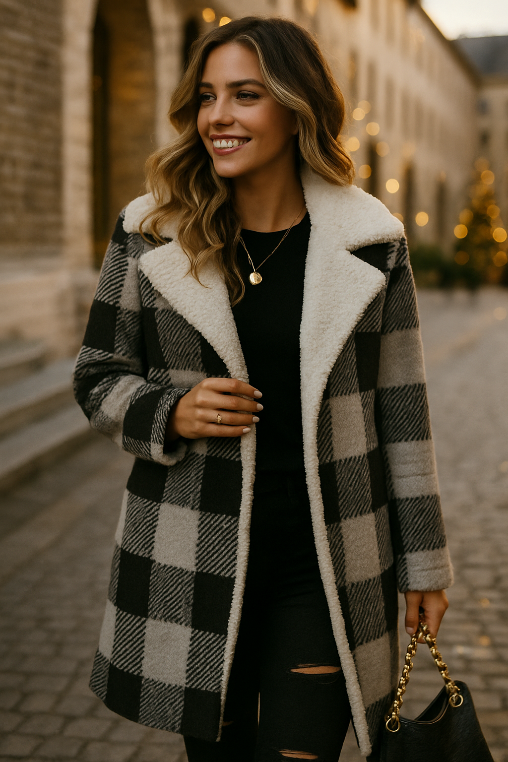 Plush Checkered Hooded Coat