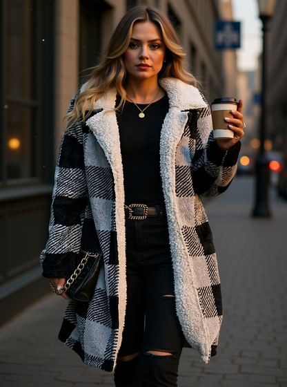 Plush Checkered Hooded Coat