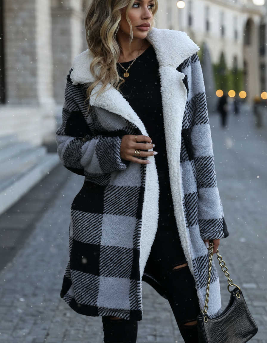 Plush Checkered Hooded Coat